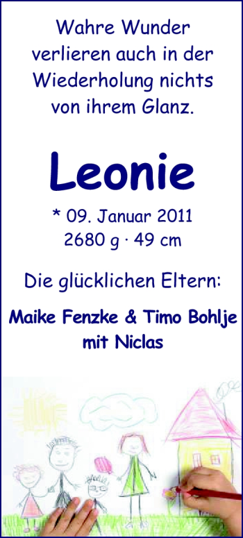 Babyanzeige von Leonie Fenzke von Nordwest-Zeitung