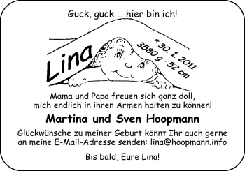 Babyanzeige von Lina Hoopmann von Nordwest-Zeitung