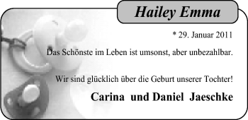 Babyanzeige von Hailey Emma  von Nordwest-Zeitung