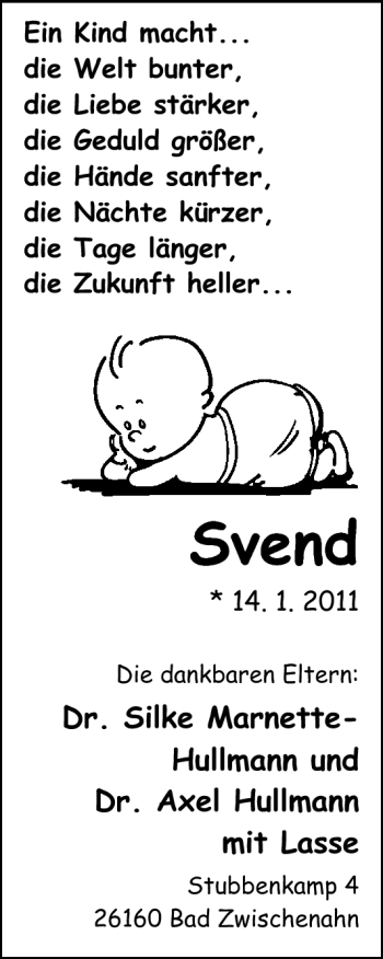 Babyanzeige von Svend Hullmann von Nordwest-Zeitung