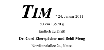 Babyanzeige von Tim  von Nordwest-Zeitung