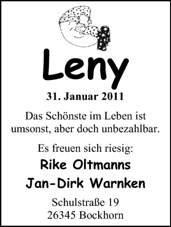 Babyanzeige von Leny  von Nordwest-Zeitung