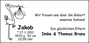 Babyanzeige von Jakob Bruns von Nordwest-Zeitung