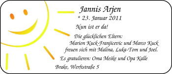 Babyanzeige von Jannis Arjen Kuck von Nordwest-Zeitung