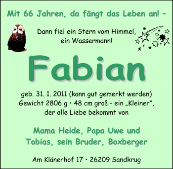 Babyanzeige von Fabian Boxberger von Nordwest-Zeitung