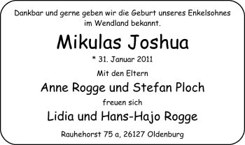 Babyanzeige von Mikulas Joshua  von Nordwest-Zeitung