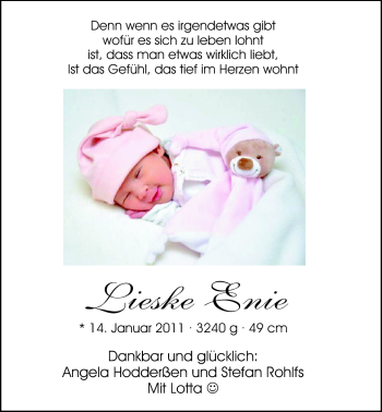 Babyanzeige von Lieske Enie  von Nordwest-Zeitung
