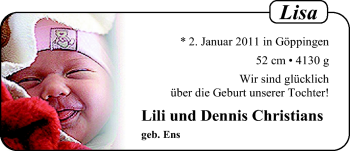 Babyanzeige von Lisa Christians von Nordwest-Zeitung