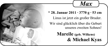 Babyanzeige von Max Kyas von Nordwest-Zeitung