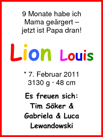Babyanzeige von Lion Louis  von Nordwest-Zeitung