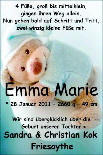 Babyanzeige von Emma Marie Kok von Nordwest-Zeitung