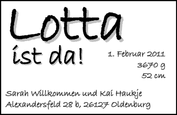 Babyanzeige von Lotta  von Nordwest-Zeitung