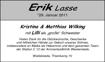 Babyanzeige von Erik Lasse  von Nordwest-Zeitung