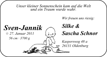 Babyanzeige von Sven-Jannik Schnor von Nordwest-Zeitung