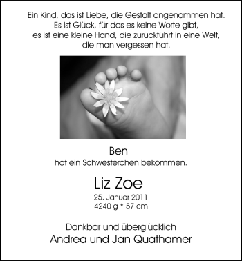 Babyanzeige von LizZoe  von Nordwest-Zeitung