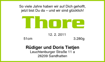 Babyanzeige von Thore Tietjen von Nordwest-Zeitung