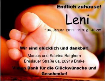 Babyanzeige von Leni  von Nordwest-Zeitung