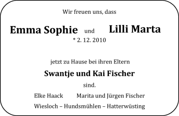 Babyanzeige von Emma Sophie und Lilli Marta  von Nordwest-Zeitung