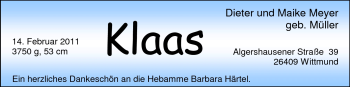 Babyanzeige von Klaas Meyer von Nordwest-Zeitung