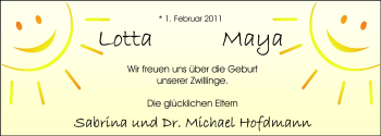 Babyanzeige von Lotta und Maya Hofdmann von Nordwest-Zeitung