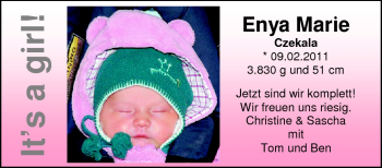 Babyanzeige von Enya Marie Czekala von Nordwest-Zeitung