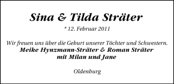 Babyanzeige von Sina und Tilda  von Nordwest-Zeitung