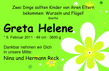 Babyanzeige von Greta Helene Reck von Nordwest-Zeitung