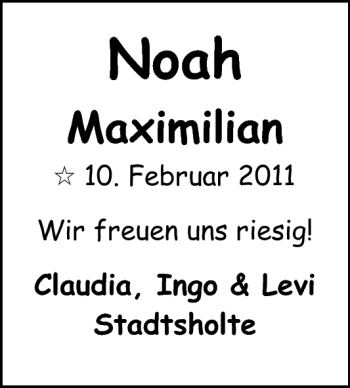 Babyanzeige von Noah maximilian  von Nordwest-Zeitung