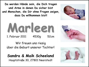 Babyanzeige von Marleen Scheeland von Nordwest-Zeitung