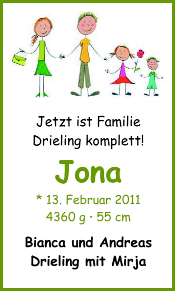 Babyanzeige von Jona Drieling von Nordwest-Zeitung