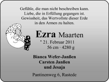 Babyanzeige von Ezra Maarten  von Nordwest-Zeitung