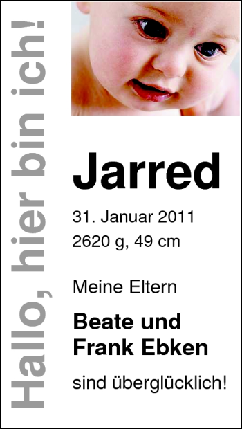 Babyanzeige von Jarred Ebken von Nordwest-Zeitung