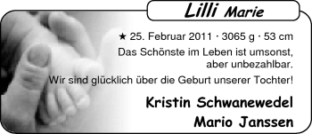 Babyanzeige von Lilli Marie  von Nordwest-Zeitung