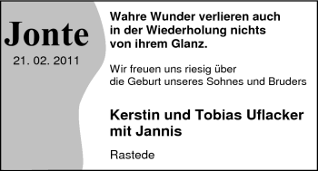 Babyanzeige von Jonte Uflacker von Nordwest-Zeitung
