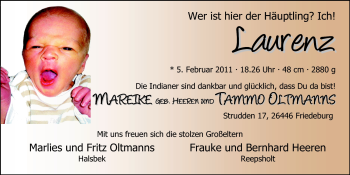 Babyanzeige von Laurenz  von Nordwest-Zeitung