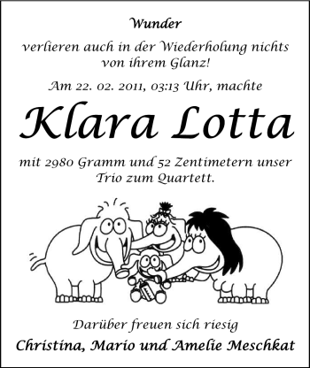 Babyanzeige von Klara Lotta Meschkat von Nordwest-Zeitung