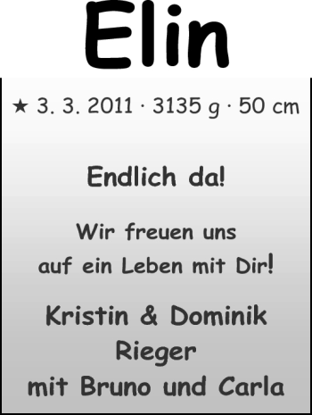 Babyanzeige von Elin  von Nordwest-Zeitung