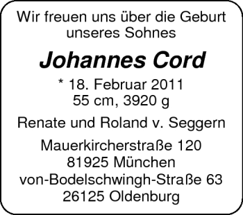 Babyanzeige von Johannes Cord  von Nordwest-Zeitung