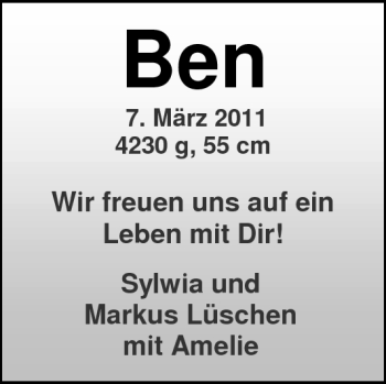 Babyanzeige von Ben  von Nordwest-Zeitung