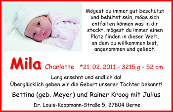 Babyanzeige von Mila Kroog von Nordwest-Zeitung