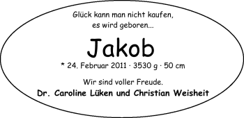 Babyanzeige von Jakob  von Nordwest-Zeitung