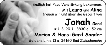 Babyanzeige von Jonah Sander von Nordwest-Zeitung