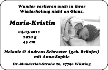Babyanzeige von Marie-Kristin Schroeter von Nordwest-Zeitung