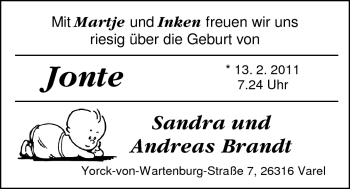 Babyanzeige von Jonte Brandt von Nordwest-Zeitung