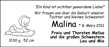 Babyanzeige von Malina Melius von Nordwest-Zeitung