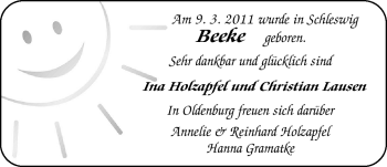 Babyanzeige von Beeke Holzapfel von Nordwest-Zeitung