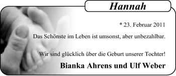 Babyanzeige von Hannah  von Nordwest-Zeitung