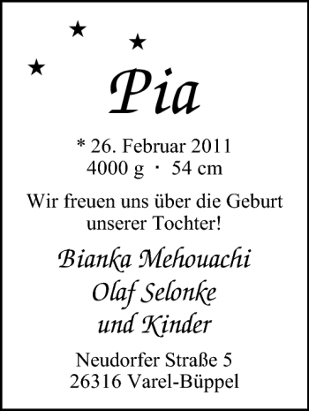 Babyanzeige von Pia Selonke von Nordwest-Zeitung