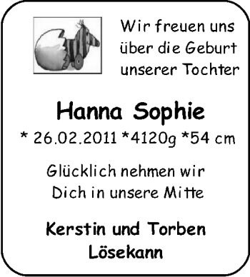 Babyanzeige von Hanna Sophie Lösekann von Nordwest-Zeitung