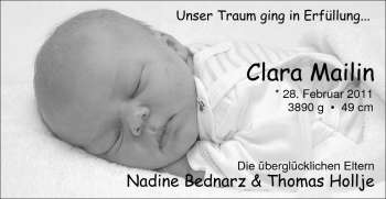 Babyanzeige von Clara Mailin  von Nordwest-Zeitung